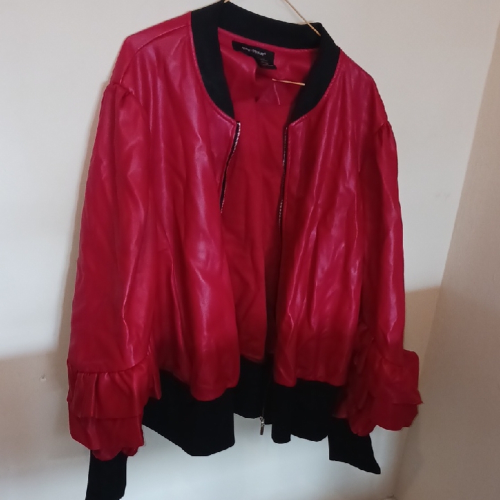 New Look Red Bomber Jacket with Ruffle Detail. Worn Once. Fits More Like 18/20